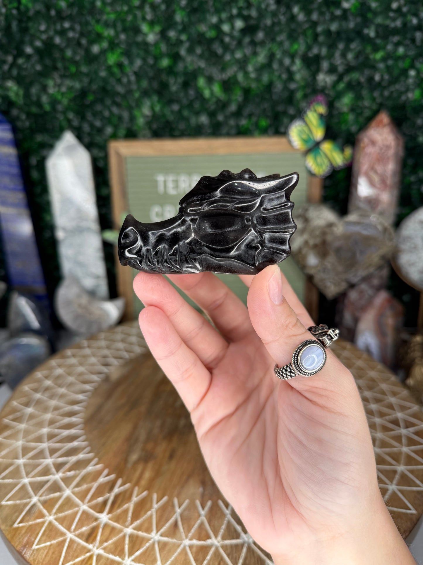 Silver Sheen Obsidian Dragon Heads