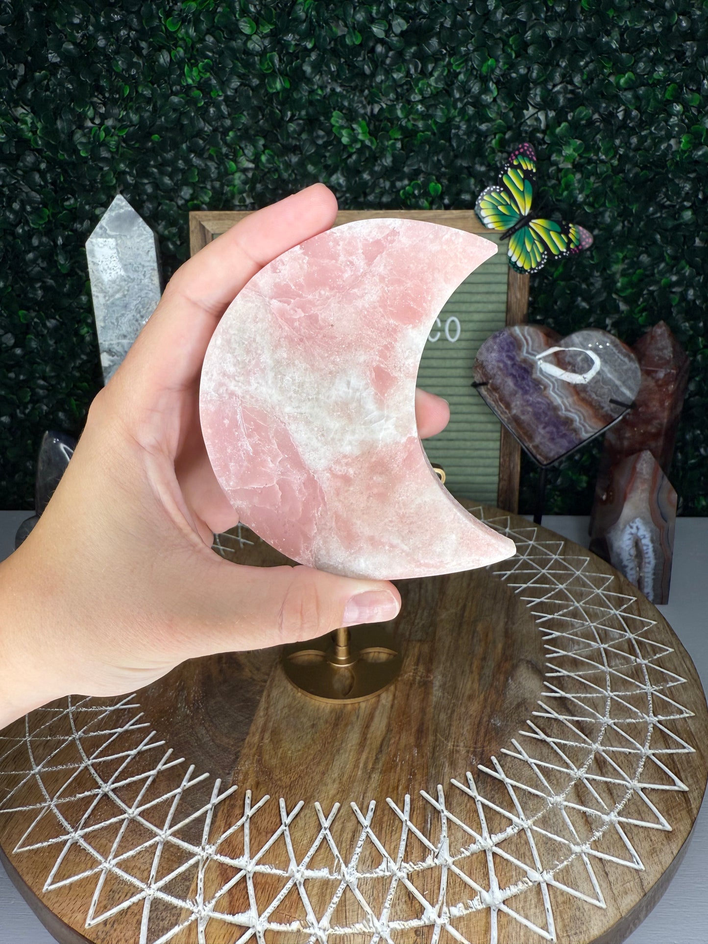 Pink Opal Moon On Stand