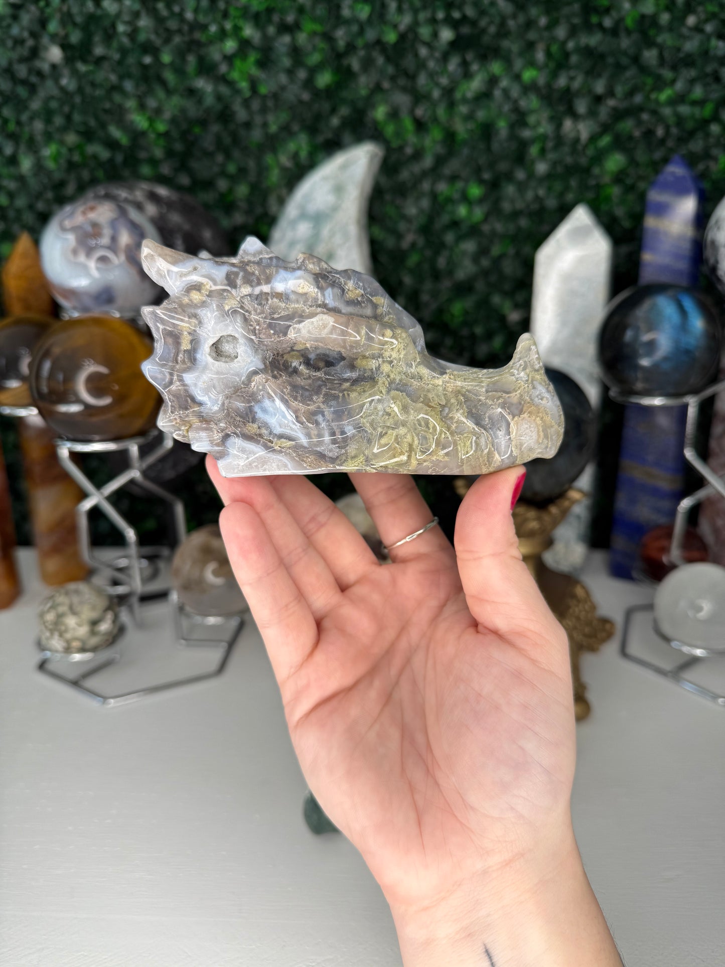 Moss Agate Dragon Heads