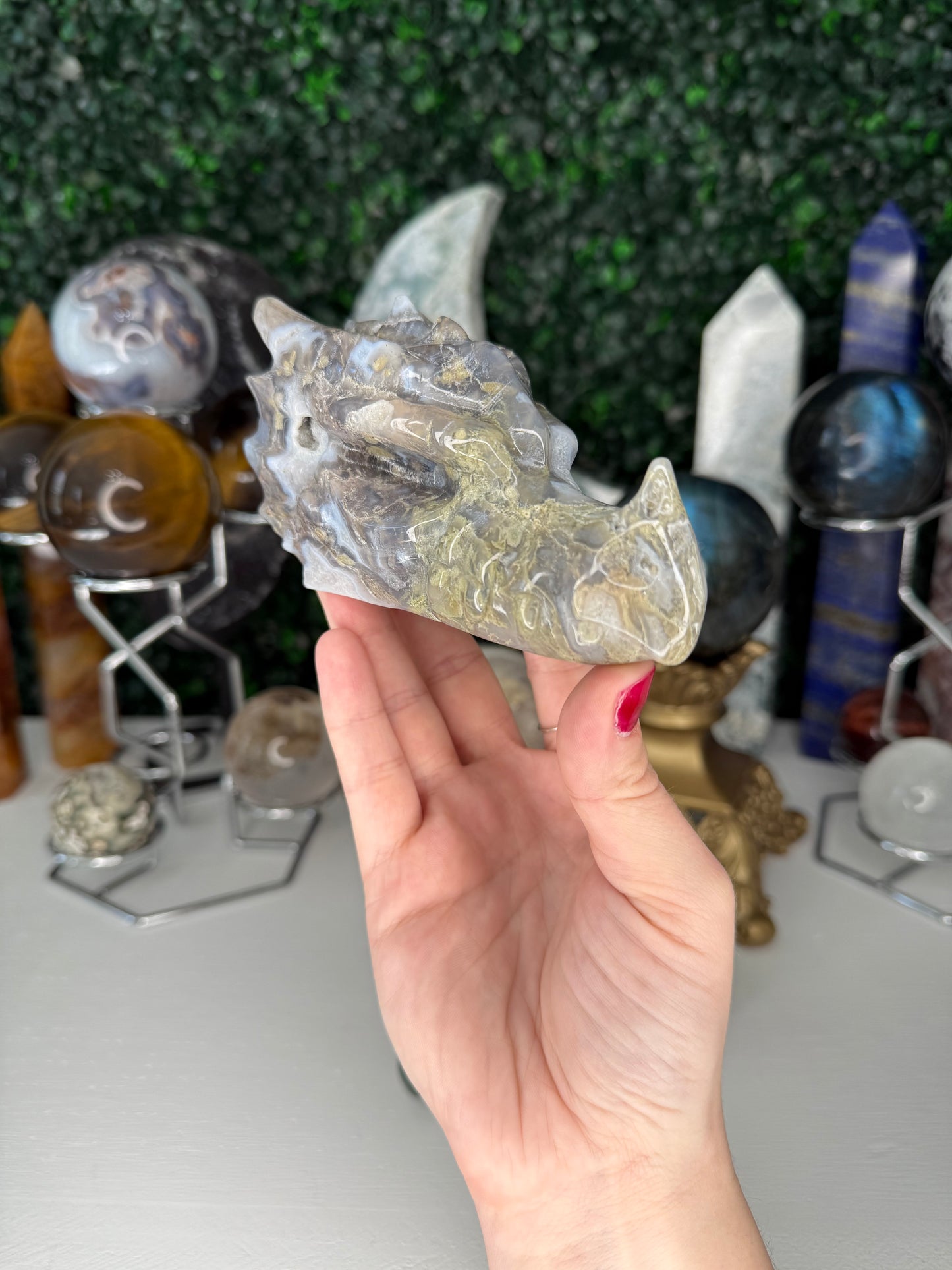 Moss Agate Dragon Heads