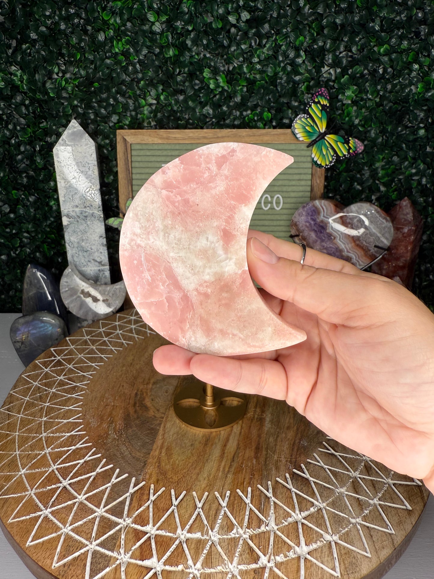 Pink Opal Moon On Stand