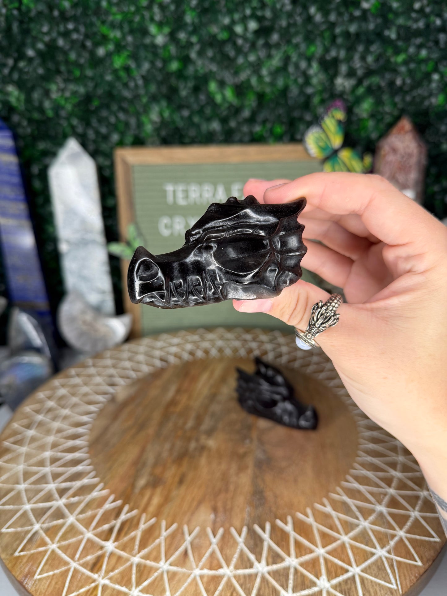 Silver Sheen Obsidian Dragon Heads