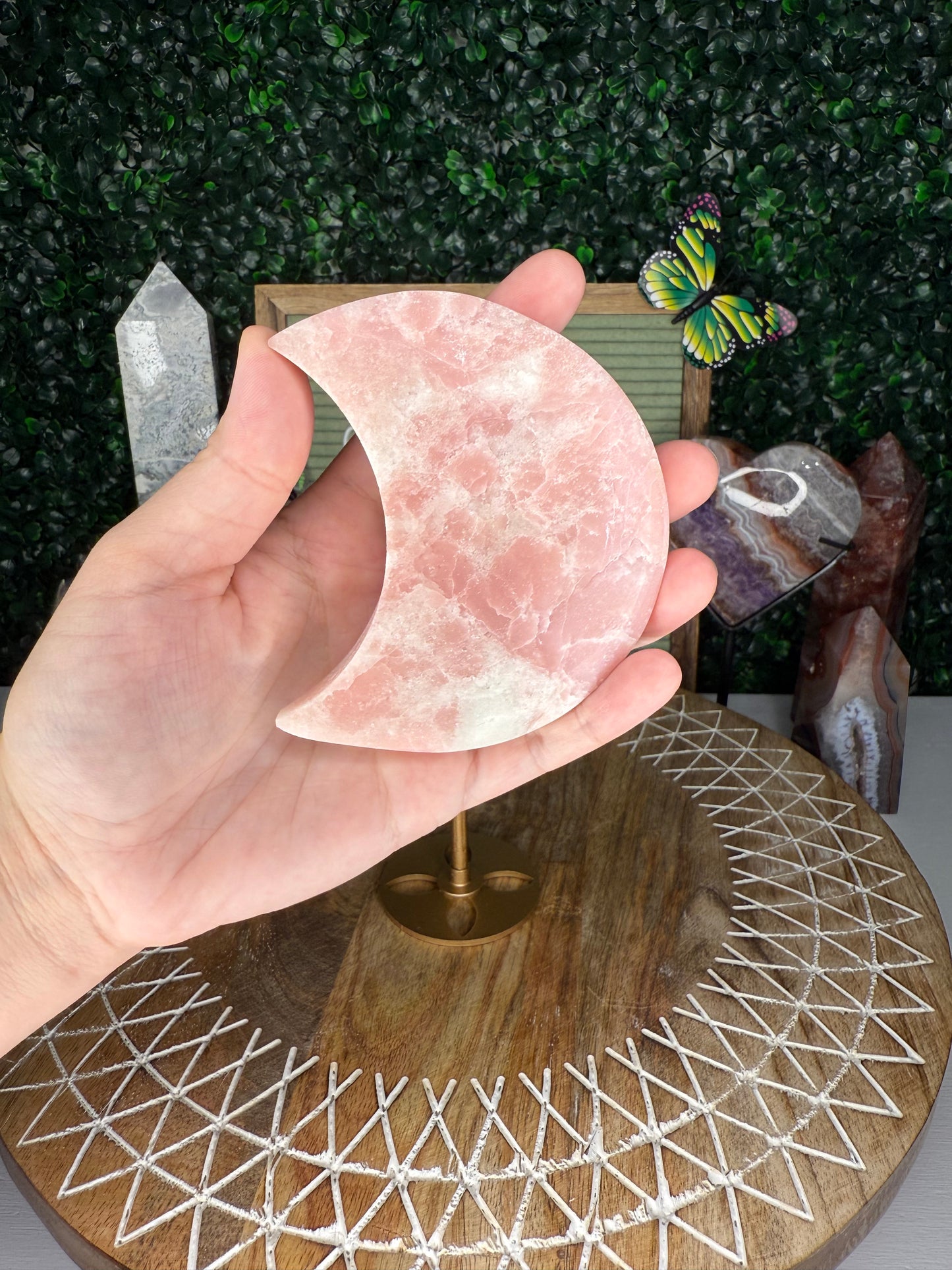 Pink Opal Moon On Stand